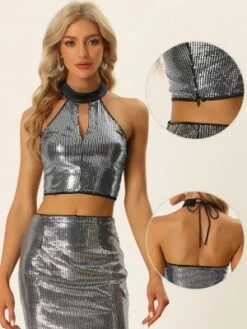 Allegra K Sequin Crop Top For Women's Halter Neck Cutout Shiny Party Top