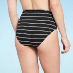 Women's Ribbed High Waist Bikini Bottom - Shade & Shore⢠Black Striped