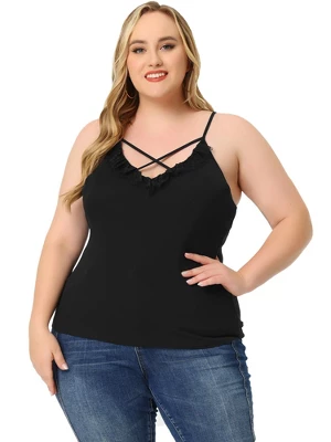 Agnes Orinda Plus Size Camisole For Women Contrast Lace Criss Cross V Neck Spaghetti Strap Top 4 Agnes Orinda Plus Size Camisole For Women Contrast Lace Criss Cross V Neck Spaghetti Strap Top - Image 2