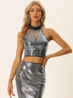 Allegra K Sequin Crop Top For Women's Halter Neck Cutout Shiny Party Top -Avenue Clothing Shop GUEST 2e0a5029 ee1d 4aad 828d c695b3af2535