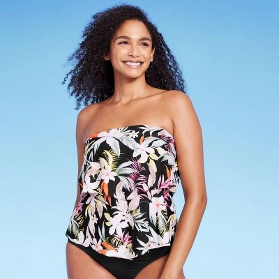 Women's Tropical Print Tiered Bandeau Tankini Top - Kona Sol™ Black 4 Women's Tropical Print Tiered Bandeau Tankini Top - Kona Sol™ Black - Image 2
