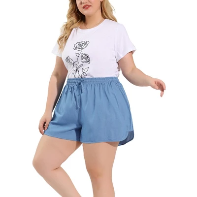 Agnes Orinda Women's Plus Size Denim Short Drawstring Elastic Waist Slant Pockets Shorts Light 3 Agnes Orinda Women's Plus Size Denim Short Drawstring Elastic Waist Slant Pockets Shorts Light