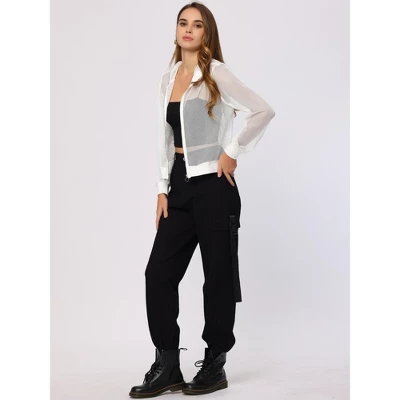 Allegra K Women's Zip Up Long Sleeve Mesh Sheer Hoodie Bomber Jackets 5 Allegra K Women's Zip Up Long Sleeve Mesh Sheer Hoodie Bomber Jackets - Image 3