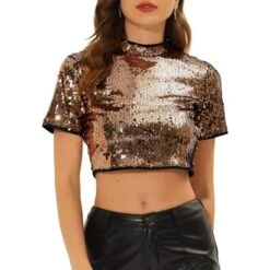 Allegra K Women's Halloween Sequin Crop Sparkle Glitter Short Sleeve Shinning T Shirt -Avenue Clothing Shop GUEST 4c0c38a3 2f60 4c9f a1db e34567205c1d