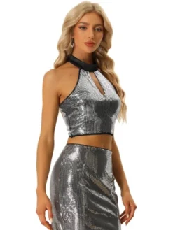 Allegra K Sequin Crop Top For Women's Halter Neck Cutout Shiny Party Top -Avenue Clothing Shop GUEST 55759312 b70f 4a40 8e37 70201cdc5bd7