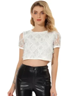 Allegra K Women's Sequin Shiny Glitter Crop Short Sleeves Tassel T-Shirt -Avenue Clothing Shop GUEST 58265bae 4012 42bc 95a9 0379df4bc56a