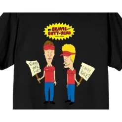 Beavis & Butthead Characters With Picket Signs Crew Neck Short Sleeve Women's Black T-shirt
