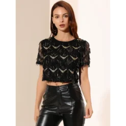 Allegra K Women's Sequin Shiny Glitter Crop Short Sleeves Tassel T-Shirt -Avenue Clothing Shop GUEST ad0c6b22 7ccf 4a23 a818 7eb702159568