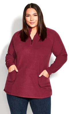 Women's Plus Size Polar Fleece Pocket Tunic - Cherry | AVENUE 5 Women's Plus Size Polar Fleece Pocket Tunic - Cherry | AVENUE - Image 3