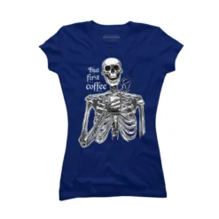 Junior's Design By Humans Halloween Skeleton Drinking Coffee. But First Coffee By MelazergDesign T-Shirt -Avenue Clothing Shop GUEST d0a45816 f85b 4f73 815b 03ed6606843a