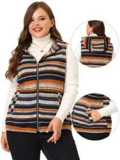 Agnes Orinda Plus Size Jacket For Women Pullover Zip Up Stripe Printed Sleeveless Knit Boho Vest Hoodie