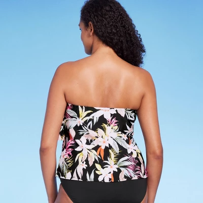 Women's Tropical Print Tiered Bandeau Tankini Top - Kona Sol™ Black 5 Women's Tropical Print Tiered Bandeau Tankini Top - Kona Sol™ Black - Image 3