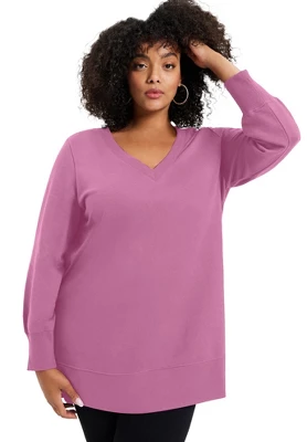 June + Vie By Roaman's Women’s Plus Size V-Neck French Terry Sweatshirt 5 June + Vie By Roaman's Women’s Plus Size V-Neck French Terry Sweatshirt - Image 3