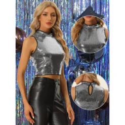 Allegra K Sequin Top For Women's Sleeveless Party Metallic Sparkly Top